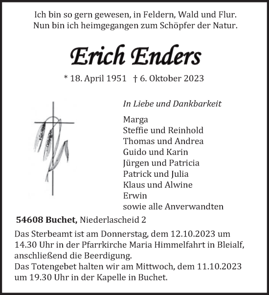 Traueranzeige von Erich Enders von trierischer_volksfreund
