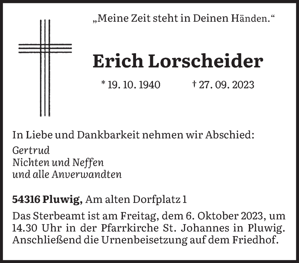  Traueranzeige für Erich Lorscheider vom 02.10.2023 aus trierischer_volksfreund