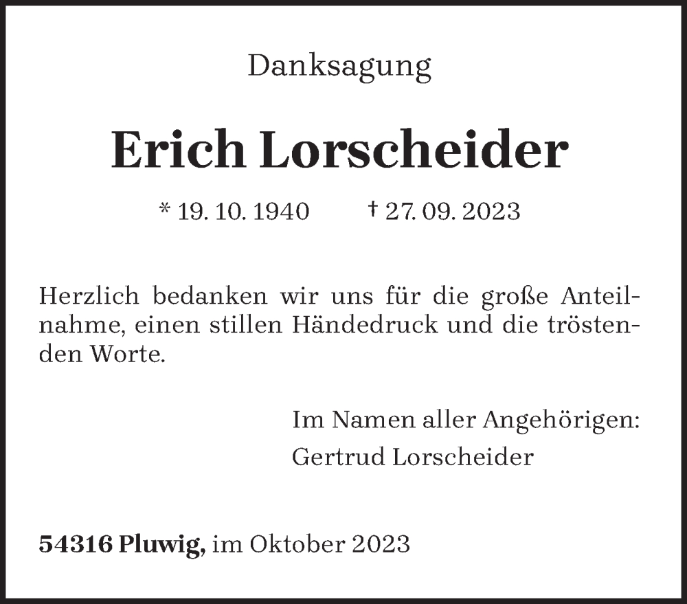  Traueranzeige für Erich Lorscheider vom 23.10.2023 aus trierischer_volksfreund