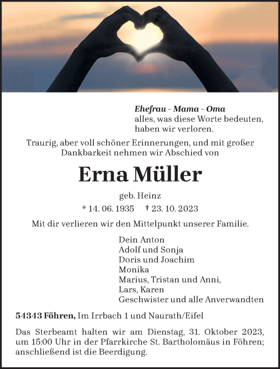 Traueranzeige von Erna Müller von trierischer_volksfreund
