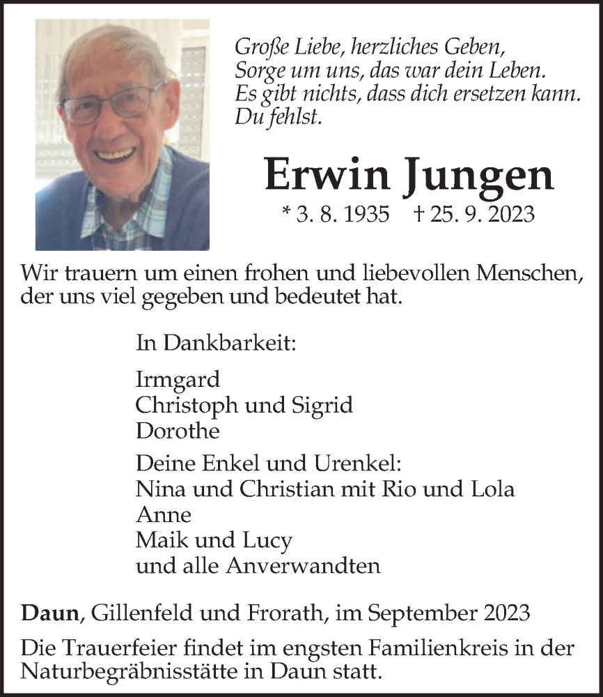  Traueranzeige für Erwin Jungen vom 30.09.2023 aus trierischer_volksfreund
