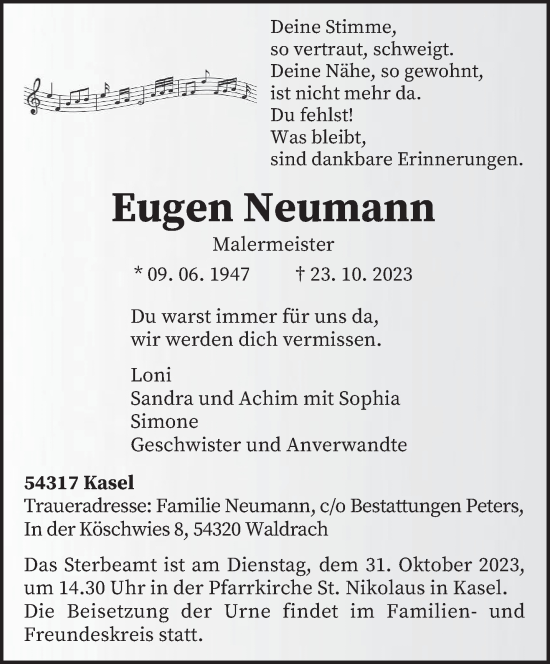 Traueranzeige von Eugen Neumann von trierischer_volksfreund