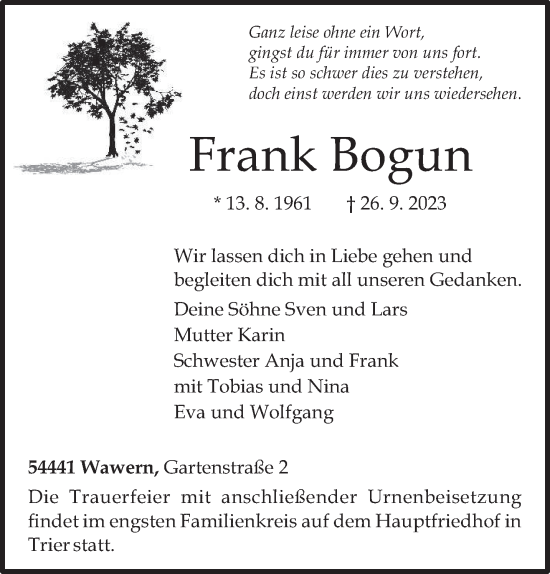 Traueranzeige von Frank Bogun von trierischer_volksfreund