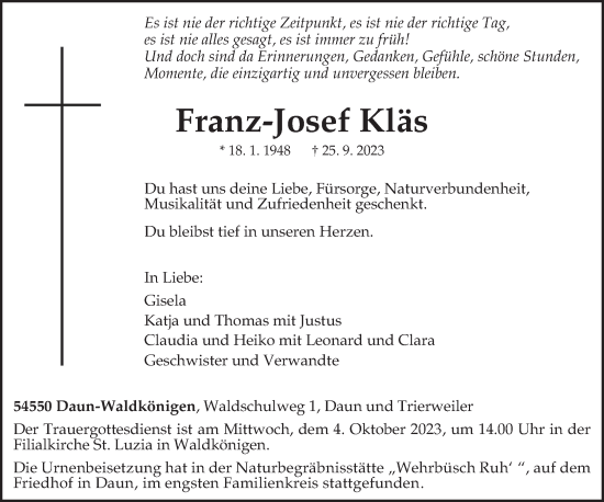 Traueranzeige von Franz-Josef Kläs von trierischer_volksfreund