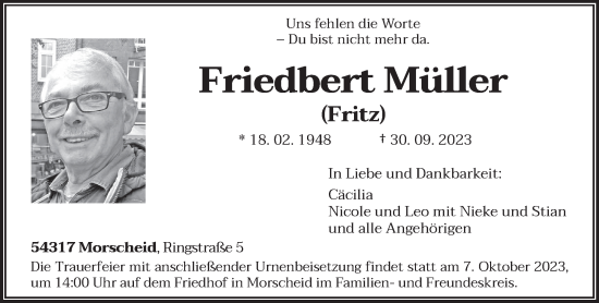 Traueranzeige von Friedbert Müller von trierischer_volksfreund
