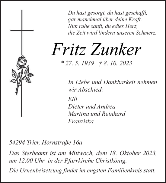 Traueranzeige von Fritz Zunker von trierischer_volksfreund