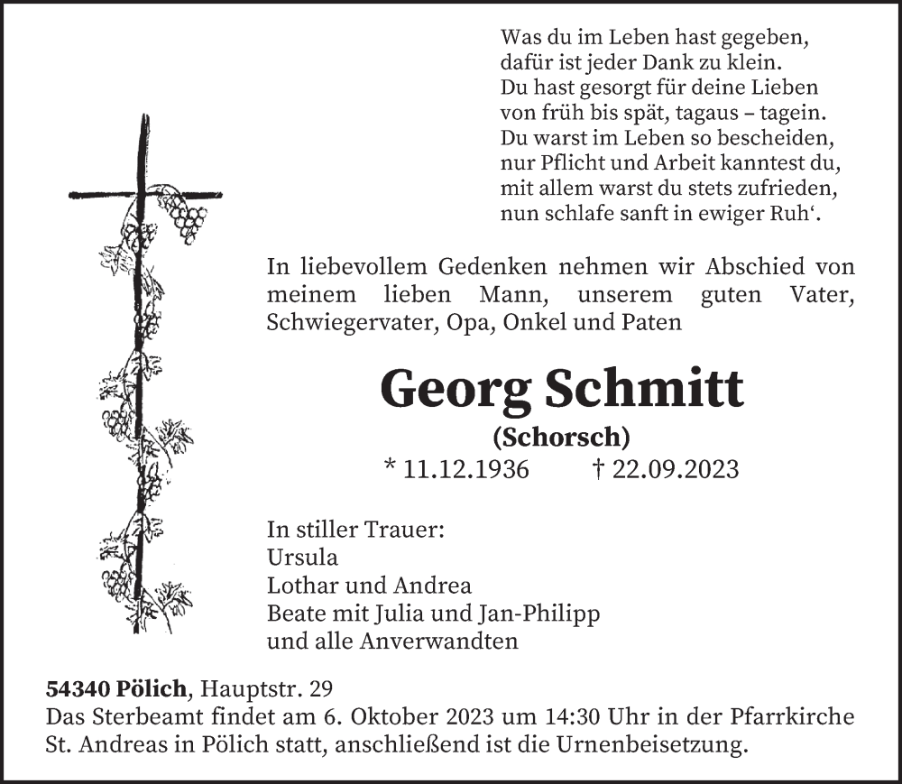  Traueranzeige für Georg Schmitt vom 02.10.2023 aus trierischer_volksfreund