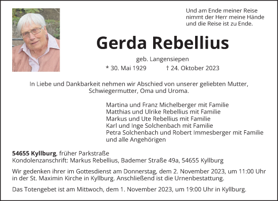Traueranzeige von Gerda Rebellius von trierischer_volksfreund