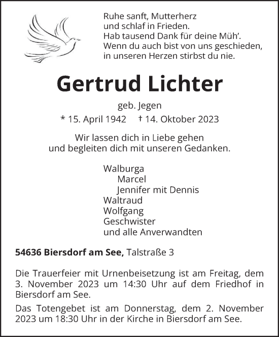 Traueranzeige von Gertrud Lichter von trierischer_volksfreund