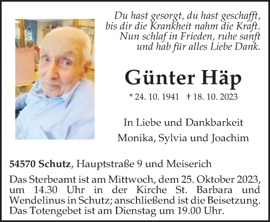 Traueranzeige von Günter Häp von trierischer_volksfreund
