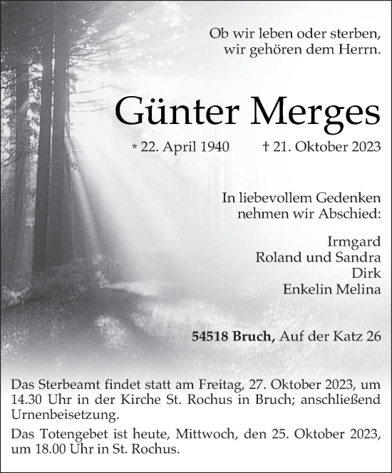 Traueranzeige von Günter Merges von trierischer_volksfreund
