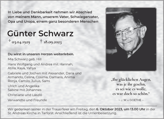 Traueranzeige von Günter Schwarz von trierischer_volksfreund