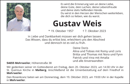 Traueranzeige von Gustav Weis von trierischer_volksfreund
