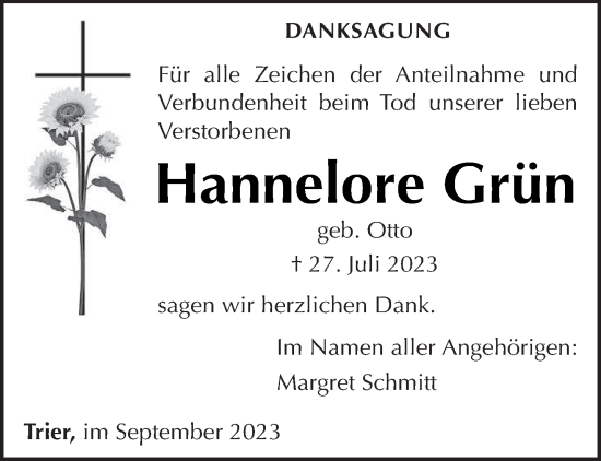 Traueranzeige von Hannelore Grün von trierischer_volksfreund
