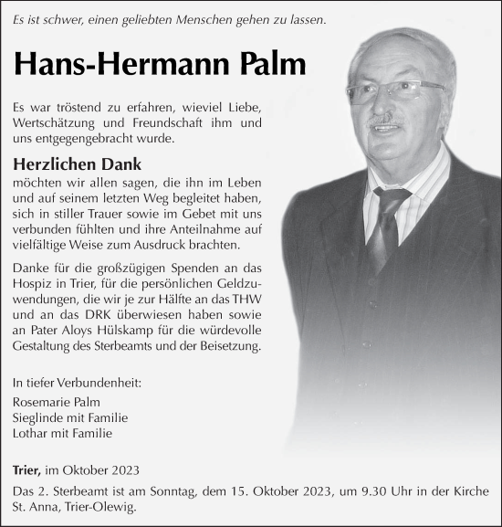 Traueranzeige von Hans-Hermann Palm von trierischer_volksfreund