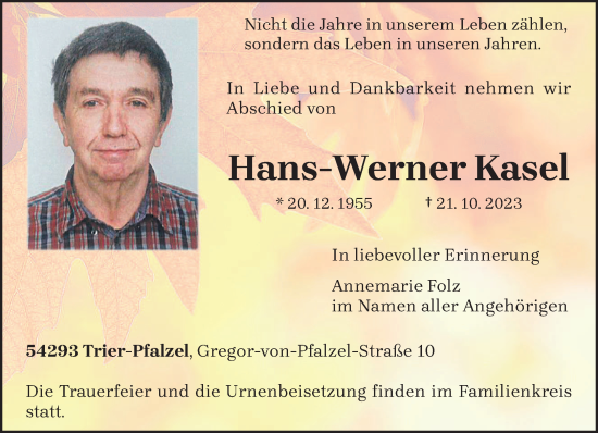 Traueranzeige von Hans-Werner Kasel von trierischer_volksfreund
