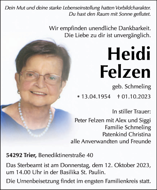 Traueranzeige von Heidi Felzen von trierischer_volksfreund