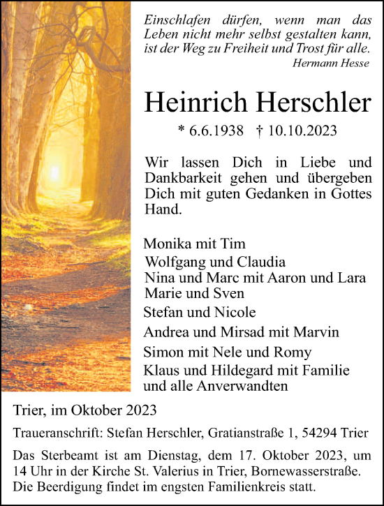 Traueranzeige von Heinrich Herschler von trierischer_volksfreund