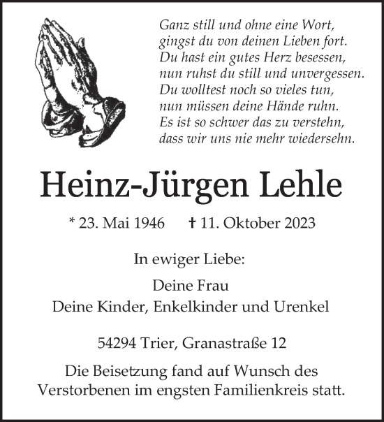 Traueranzeige von Heinz-Jürgen Lehle von trierischer_volksfreund