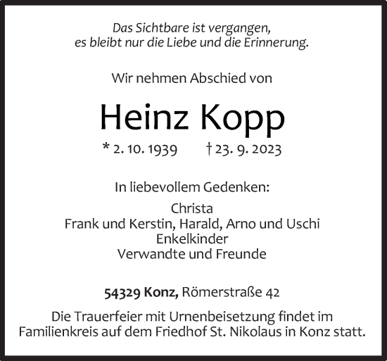 Traueranzeige von Heinz Kopp von trierischer_volksfreund