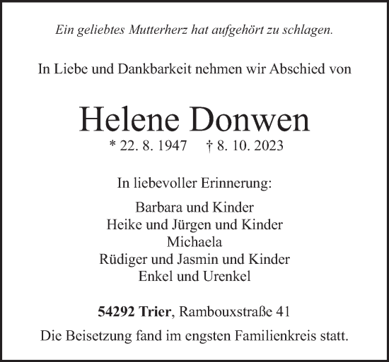 Traueranzeige von Helene Donwen von trierischer_volksfreund