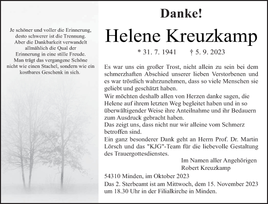 Traueranzeige von Helene Kreuzkamp von trierischer_volksfreund