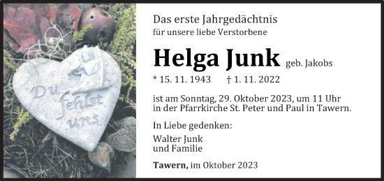 Traueranzeige von Helga Junk von trierischer_volksfreund