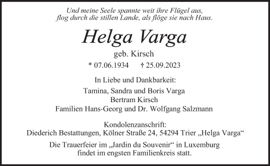 Traueranzeige von Helga Varga von trierischer_volksfreund