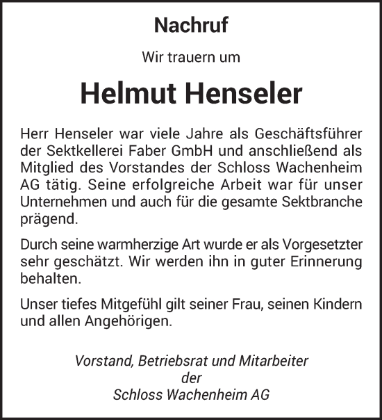 Traueranzeige von Helmut Henseler von trierischer_volksfreund