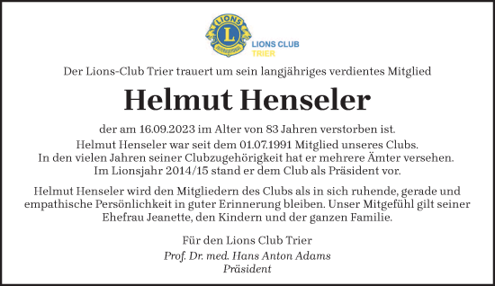 Traueranzeige von Helmut Henseler von trierischer_volksfreund