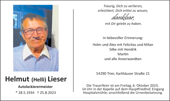 Traueranzeige von Helmut Lieser von trierischer_volksfreund