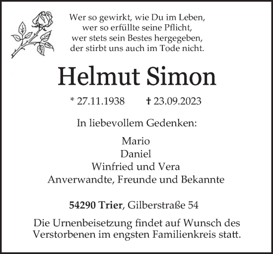 Traueranzeige von Helmut Simon von trierischer_volksfreund