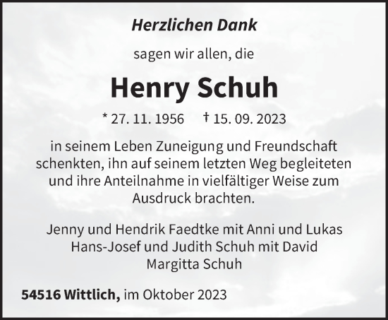 Traueranzeige von Henry Schuh von trierischer_volksfreund