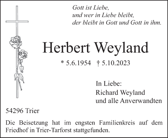 Traueranzeige von Herbert Weyland von trierischer_volksfreund