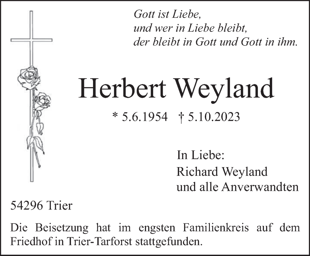  Traueranzeige für Herbert Weyland vom 12.10.2023 aus trierischer_volksfreund