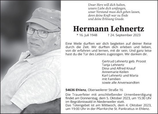 Traueranzeige von Hermann Lehnertz von trierischer_volksfreund