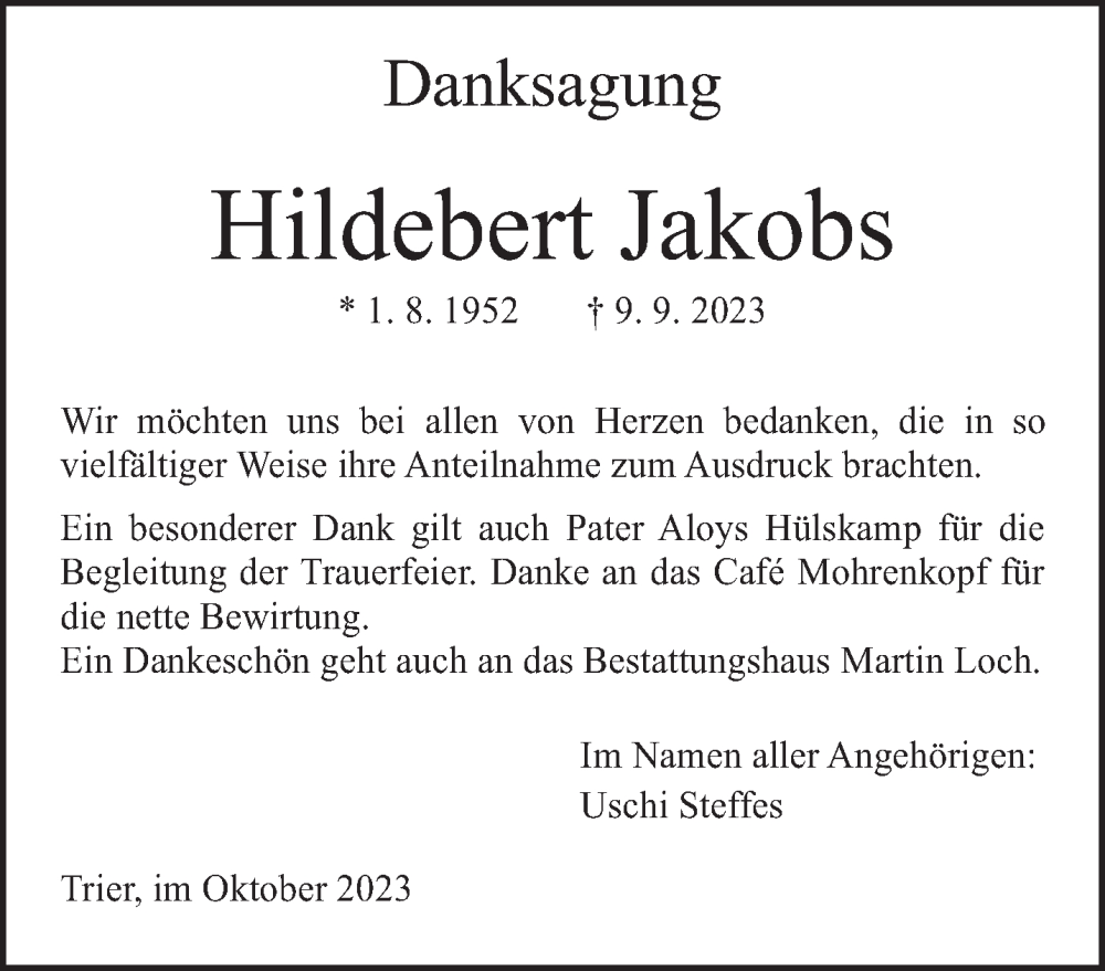 Traueranzeige für Hildebert Jakobs vom 07.10.2023 aus trierischer_volksfreund