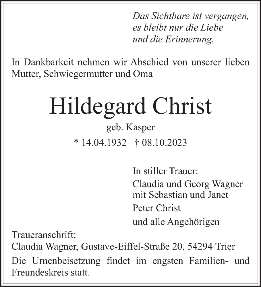  Traueranzeige für Hildegard Christ vom 13.10.2023 aus trierischer_volksfreund