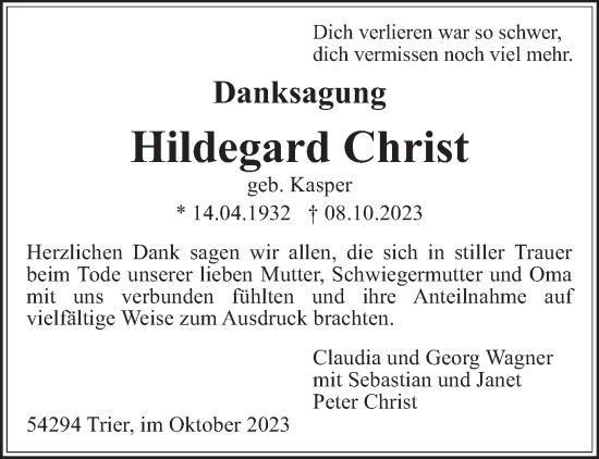 Traueranzeige von Hildegard Christ von trierischer_volksfreund