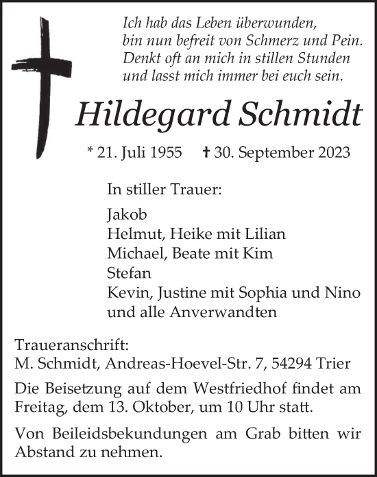 Traueranzeige von Hildegard Schmidt von trierischer_volksfreund
