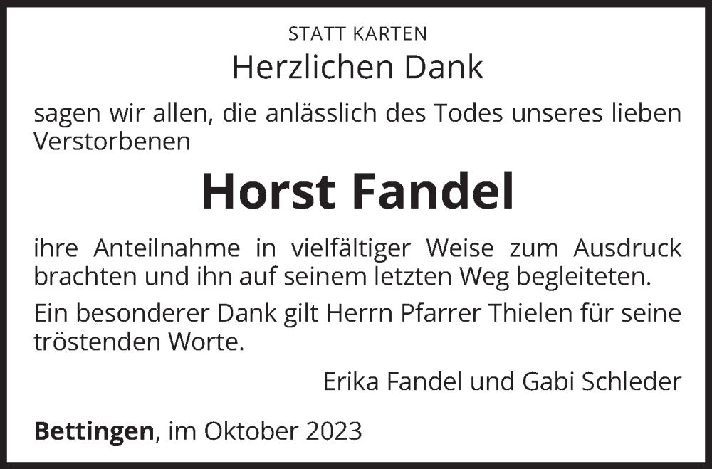  Traueranzeige für Horst Fandel vom 28.10.2023 aus trierischer_volksfreund