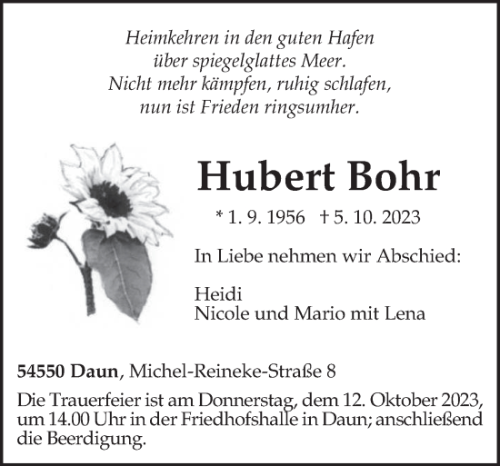 Traueranzeige von Hubert Bohr von trierischer_volksfreund