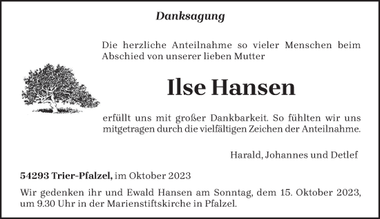 Traueranzeige von Ilse Hansen von trierischer_volksfreund