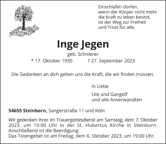 Traueranzeige von Inge Jegen von trierischer_volksfreund