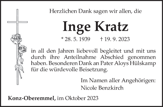 Traueranzeige von Inge Kratz von trierischer_volksfreund