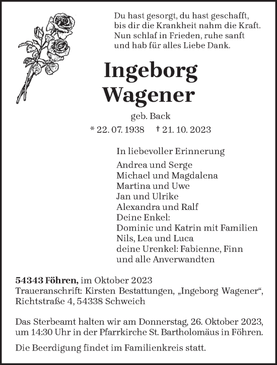 Traueranzeige von Ingeborg Wagener von trierischer_volksfreund