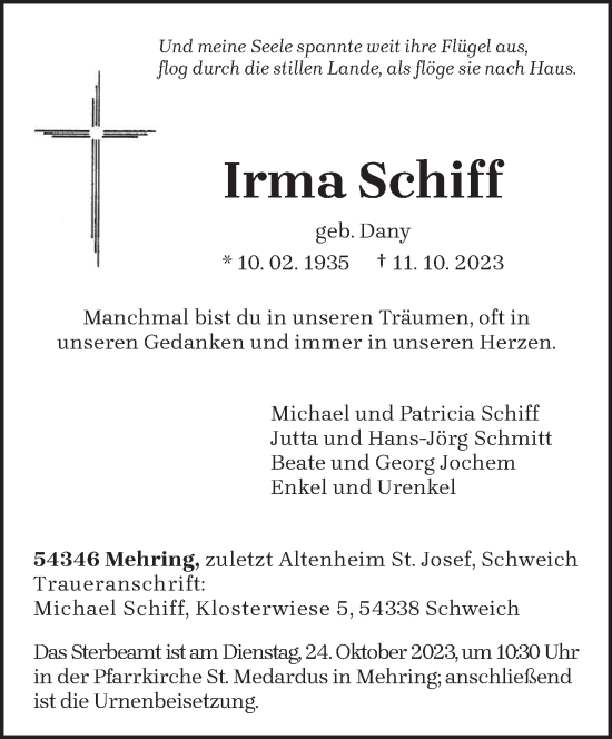 Traueranzeige von Irma Schiff von trierischer_volksfreund