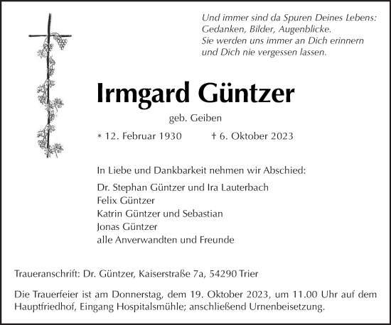 Traueranzeige von Irmgard Güntzer von trierischer_volksfreund