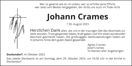 Traueranzeige von Johann Crames von trierischer_volksfreund