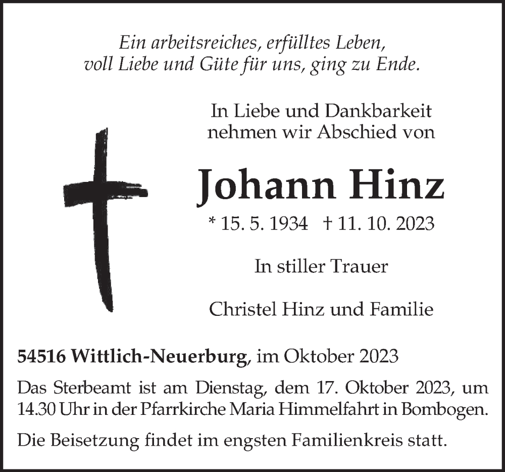  Traueranzeige für Johann Hinz vom 14.10.2023 aus trierischer_volksfreund